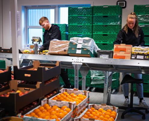 To mennesker som jobber på fruktlager
