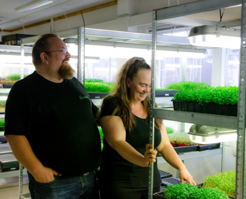Mikro Grønt - Foto Tina Monslaup - bilde frå produsenten En mann og en kvinne i et produksjonslokale der det dyrkes mikrogrønt